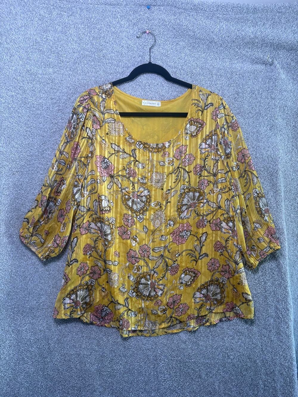 Retrology 2X Mustard Floral Metallic Boho Peasant Blouse